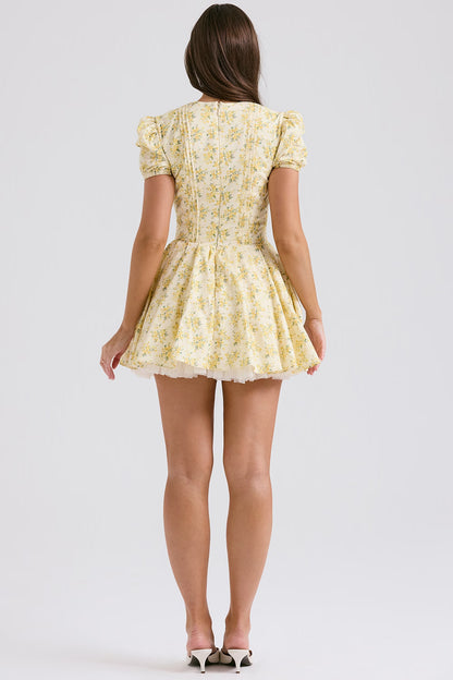 buttercup vintage floral print pleated cotton mini dress