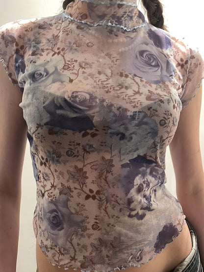 Rustic Retro Floral Mesh T-shirt Y2K Pleated Lace Contrast Color Weft Lanyard Bow Short Top French Style