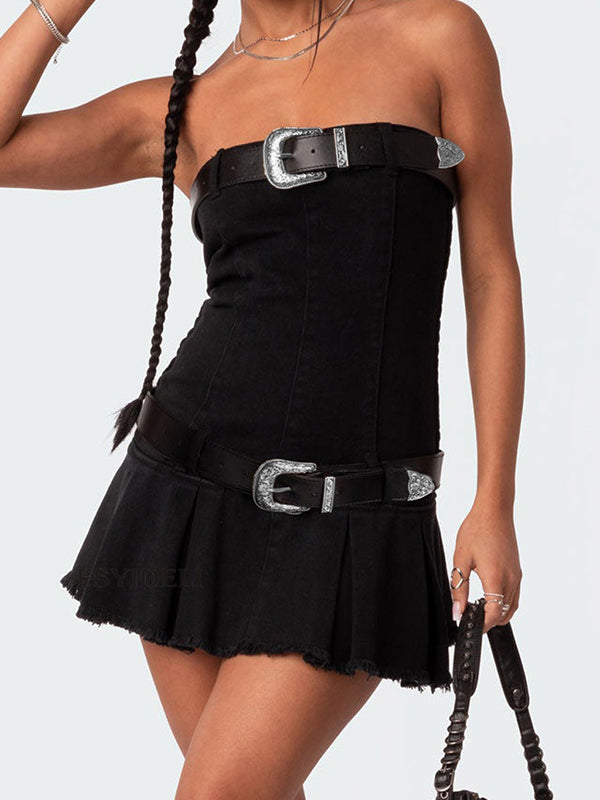 Denim Bandeau Pleat Belt Mini Skirt
