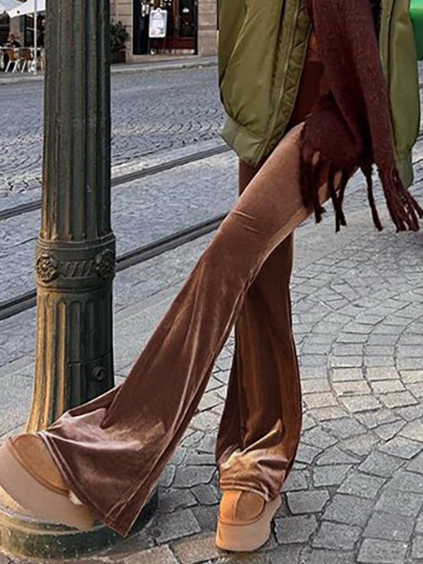 Solid Velvet Elastic Waist Flare Leg Pants