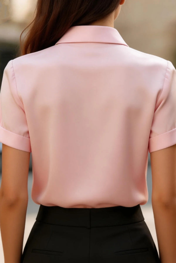 Solid Color Collared Tie Short-sleeved Casual Shirt