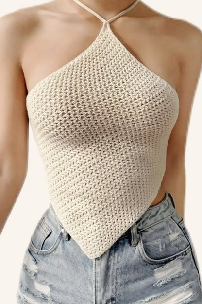 Sexy Open Back Halter Tie Knit Crop Top