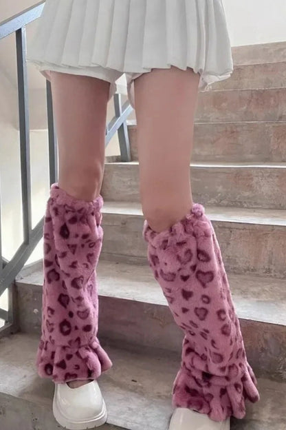 Goth Y2K Pink Leopard Print Ruffled Socks