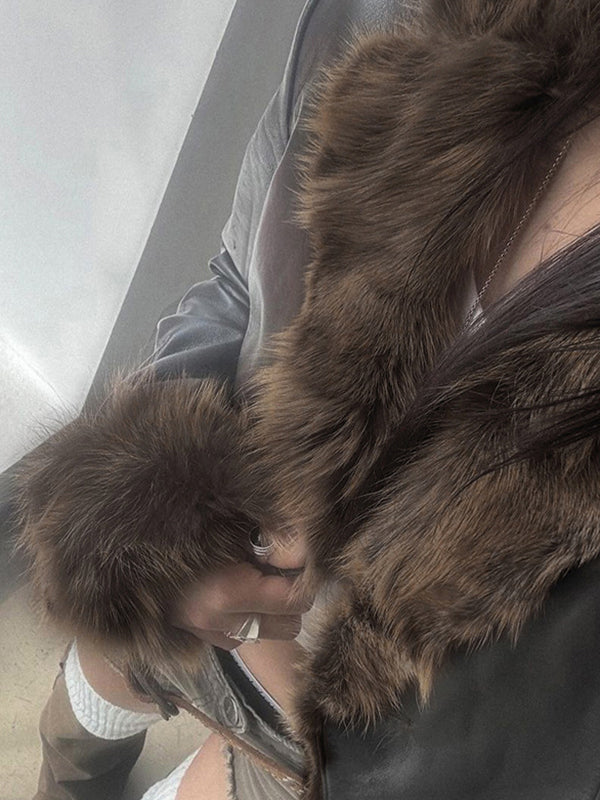 American Style Fur Collar Patchwork Leather Jacket