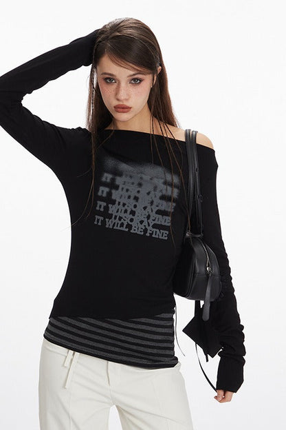 Virtual Patchwork Off Shoulder Asymmetric T-shirt