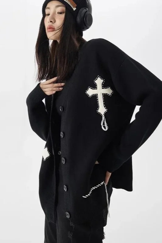 Black Vintage Y2k Goth Harajuku Cross Knitted Oversized Cardigan Sweater