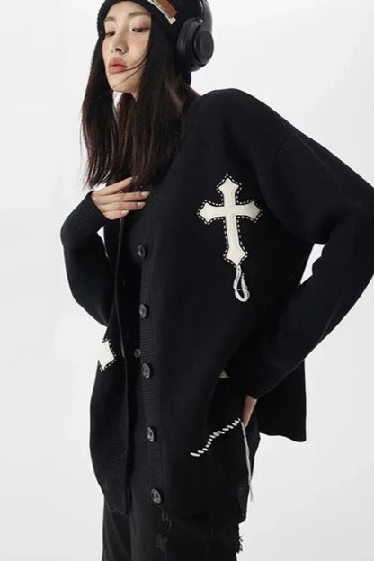 Black Vintage Y2k Goth Harajuku Cross Knitted Oversized Cardigan Sweater