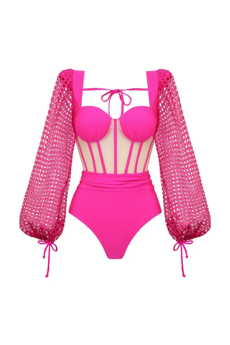 Conjunto de traje de baño sin espalda rosa fluorescente