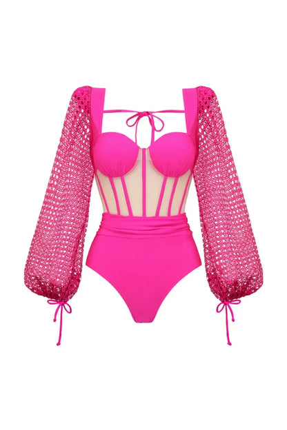 Conjunto de traje de baño sin espalda rosa fluorescente