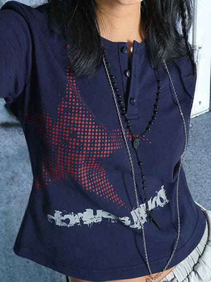 Vintage Print Button Long Sleeve Tee