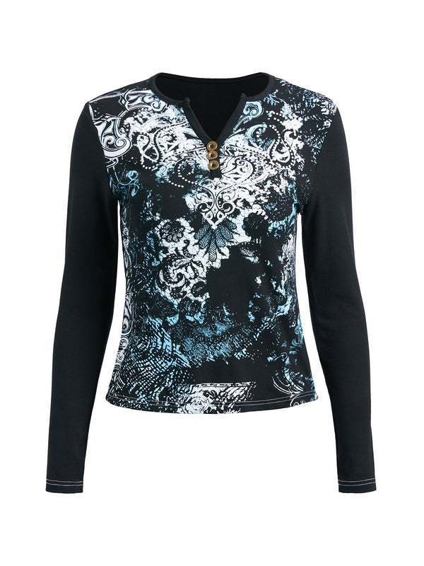Gothic Print V Neck Long Sleeve Tee