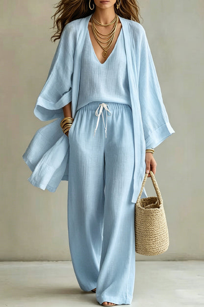 Linen Blend Solid Color Loose Cardigan V-neck Sleeveless Vest and Elastic Waist Pocket Straight Leg Pants Three-piece Set