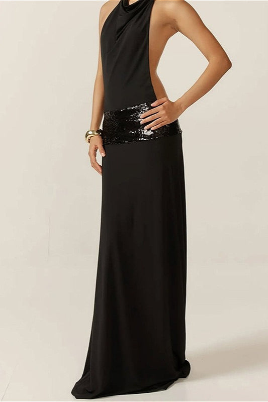 High Waist Dark Halter Backless Maxi Dress