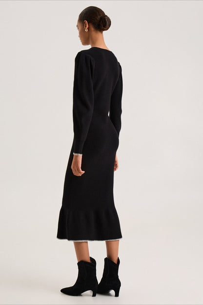 Contrast Trim Ruffle Sweater Dress