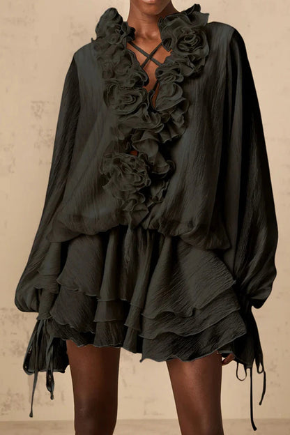 Loose Fit Folded Ruffle Boho Dress