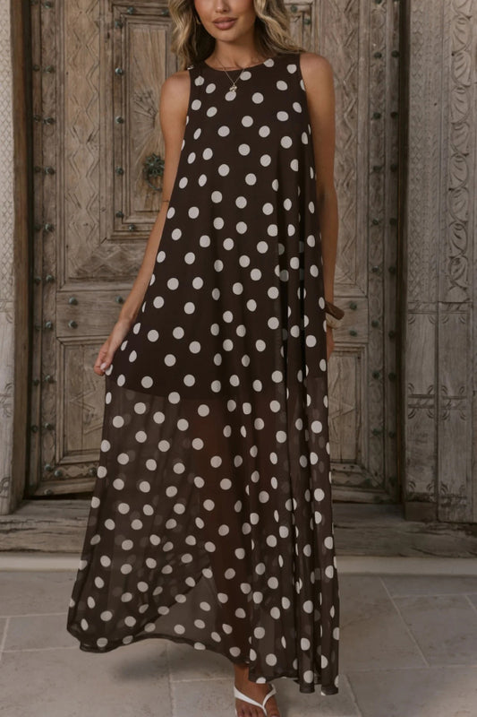 Polka Dot Print Loose Round Neck Sleeveless Mesh Casual Maxi Dress