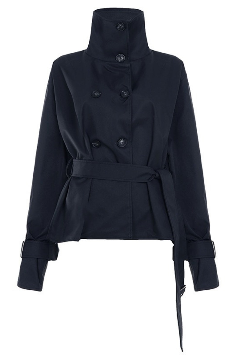 Unique Tie Waist Button Stand Collar Trench Coat