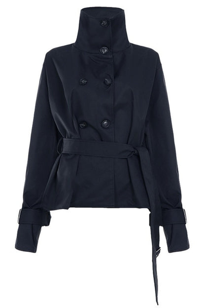 Unique Tie Waist Button Stand Collar Trench Coat
