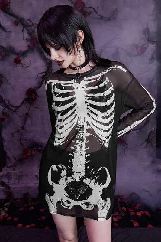 Skull Print Sheer Long Sleeve Mesh Top