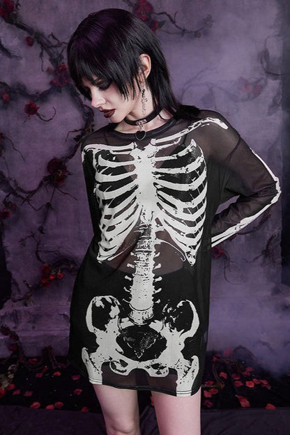 Skull Print Sheer Long Sleeve Mesh Top
