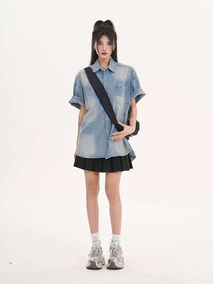 Oversized Faded Denim Button Shirt