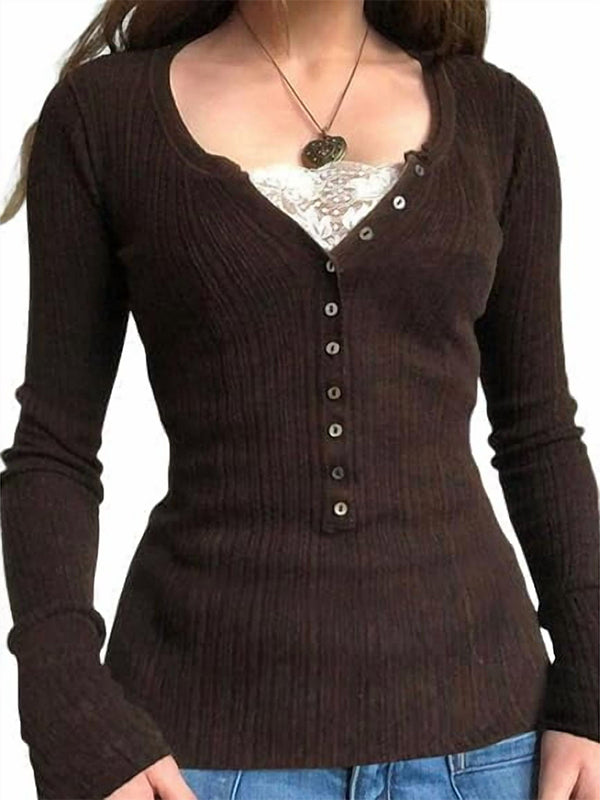 Lace Paneled Button Long Sleeve Knit Top