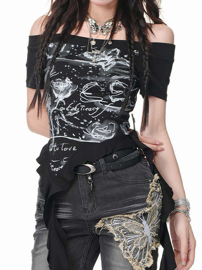 Printed Irregular Ribbon Scoop Neck T-Shirt