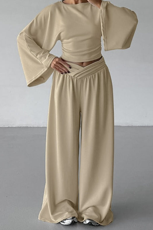 Casual Cinched Waist Flared Sleeve Top Palazzo Pants Set