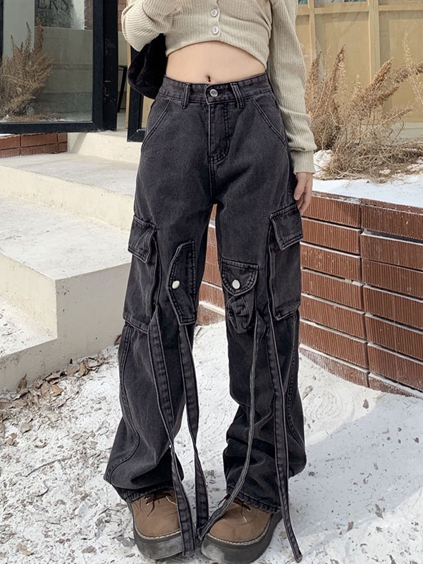 Vintage Wash High Rise Multi Pocket Cargo Jeans