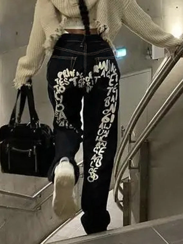 Hip Pop Letter Print Boyfriend Jeans