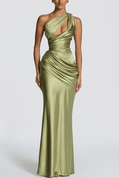 Emina Satin One Shoulder Asymmetrical Neck Cutout Back Lace-up Drape Maxi Dress