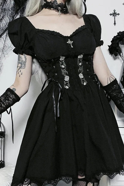 Black V Neck Lace Up High Waist Corset Mini Dress