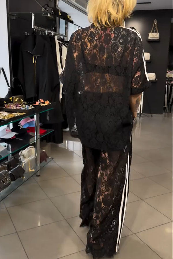 Mix Fashion Lace Striped Trim Short Sleeve Button Shirt and Elastic Waist Pocket Loose Pants Set