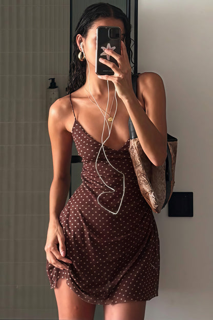 Polka Dot Contrast V Neck A Line Mini Dress