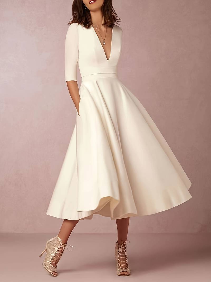 Vestido mini de manga corta con escote en V y corte A para mujer | Ideal para primavera/verano