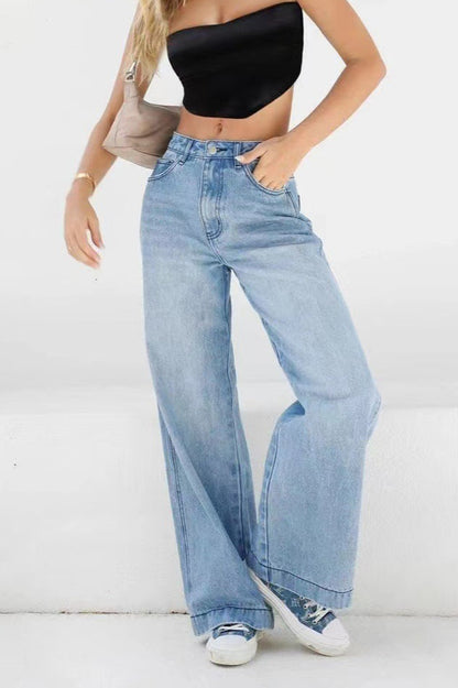 Casual High Waist Washed Straight Jeans