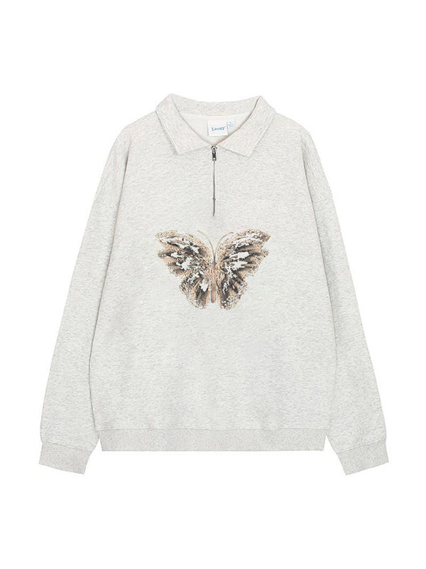 Butterfly Print Lapel Neck Half Zip Sweatshirt