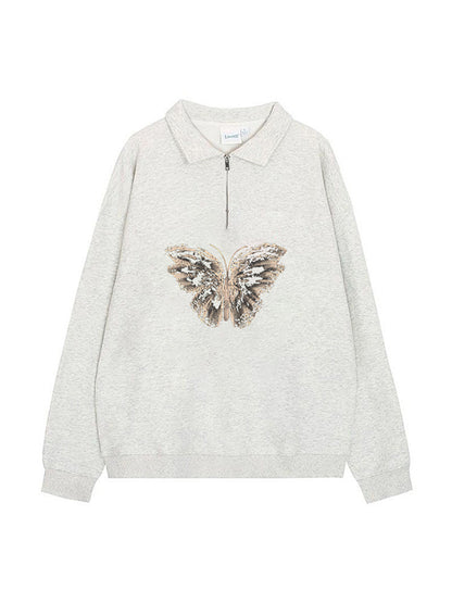 Butterfly Print Lapel Neck Half Zip Sweatshirt