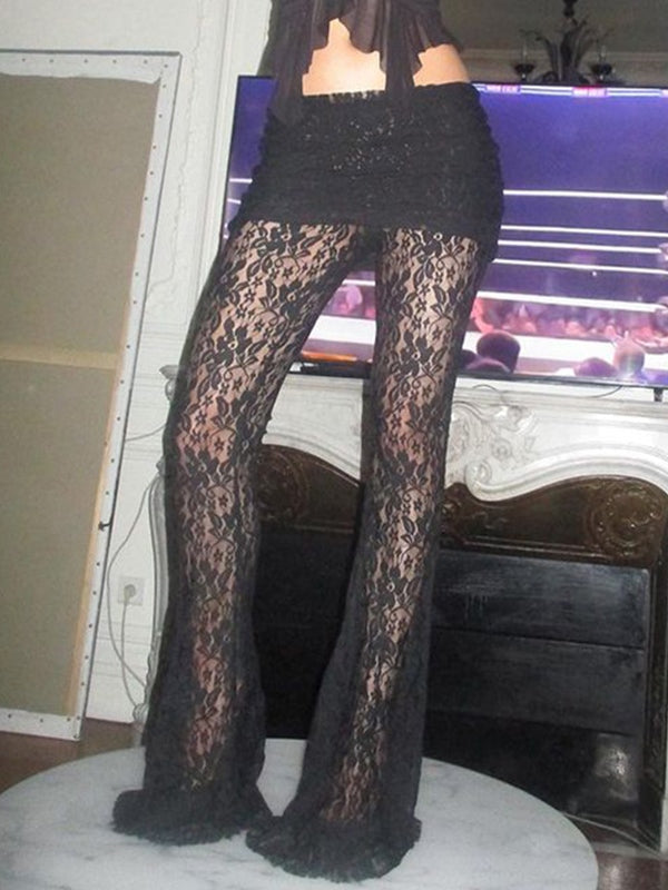 Lace Spliced Flare Leg Pants