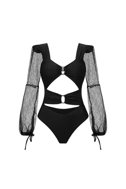 Traje de baño de manga larga con aberturas de malla transparente