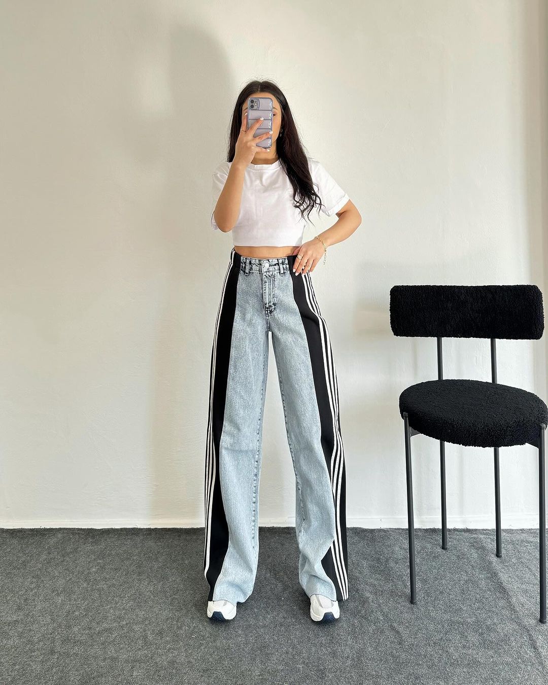 High Waisted Straight Pants Casual Pants Striped Patchwork Jeans