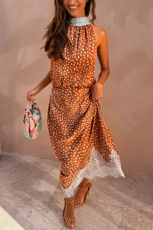 Stunning Fawn Print Contrast Color Satin Lace Trim Neck Strap Loose Tank