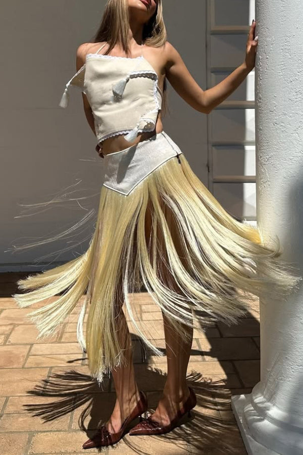 Fashionable Lace Appliqué Tassel Hem Vacation Maxi Skirt