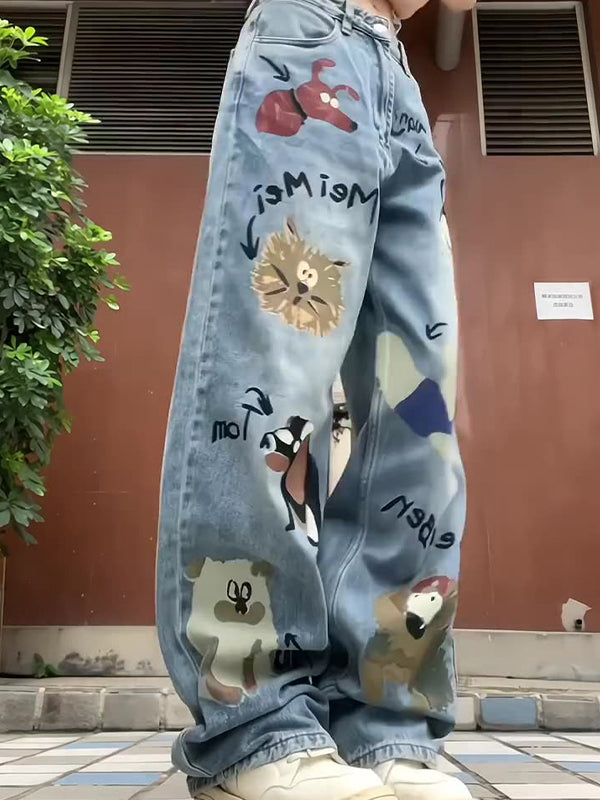 Graffiti Print American High Waist Loose Jeans Boyfriend Jeans
