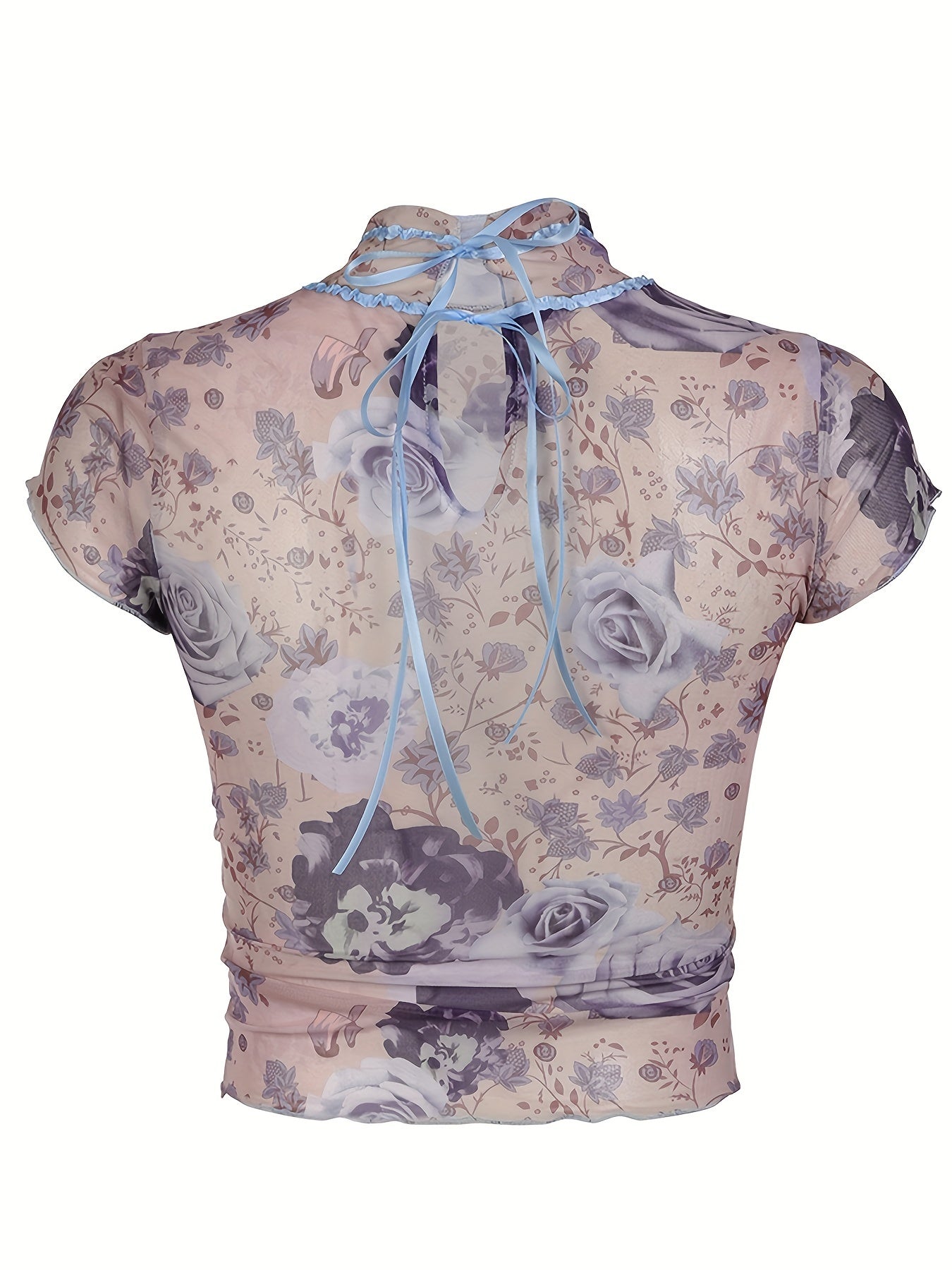 Rustic Retro Floral Mesh T-shirt Y2K Pleated Lace Contrast Color Weft Lanyard Bow Short Top French Style
