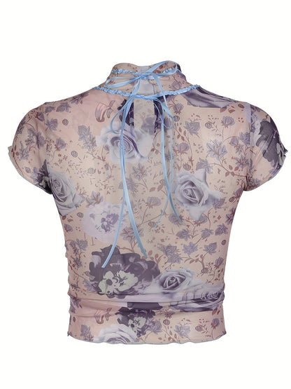 Rustic Retro Floral Mesh T-shirt Y2K Pleated Lace Contrast Color Weft Lanyard Bow Short Top French Style