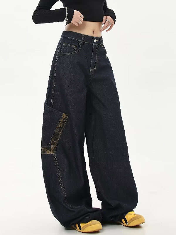 American Retro Leopard Print Stitching Boyfriend Jeans
