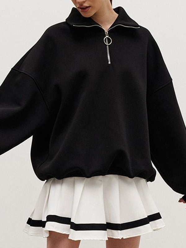 Solid Lapel Neck Half Zip Sweatshirt