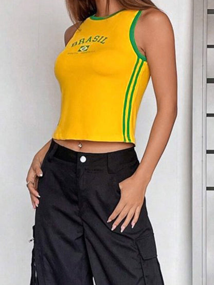 Crewneck Letter Print Yellow Tank Top