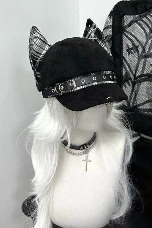 Y2K Gothic Punk Devil Ear Leather Buckle Cross Black Beret Hat